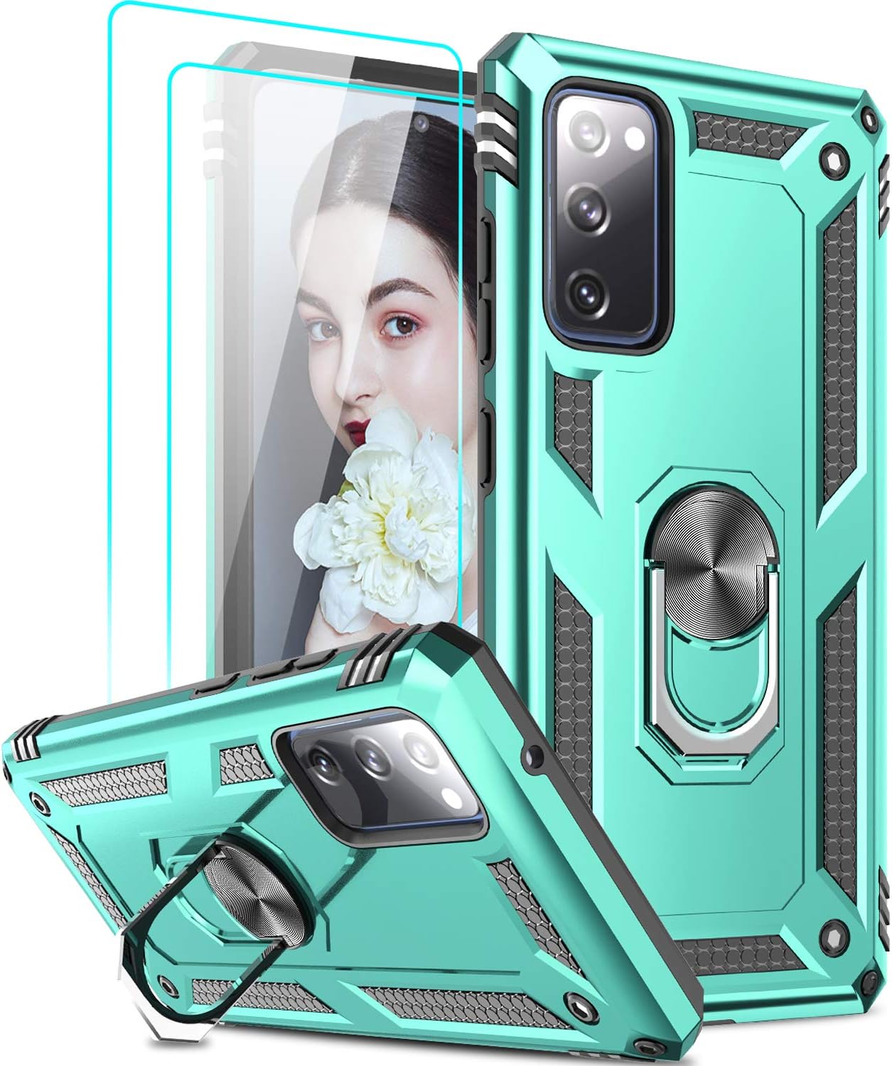 LeYi Compatible for Samsung Galaxy A42 5G Case with Tempered Glass Screen Protector [2 Pack], [Military Grade] Defender Phone Case with Magnetic Car Mount Ring Kickstand for Samsung A42 5G,Light Blue
