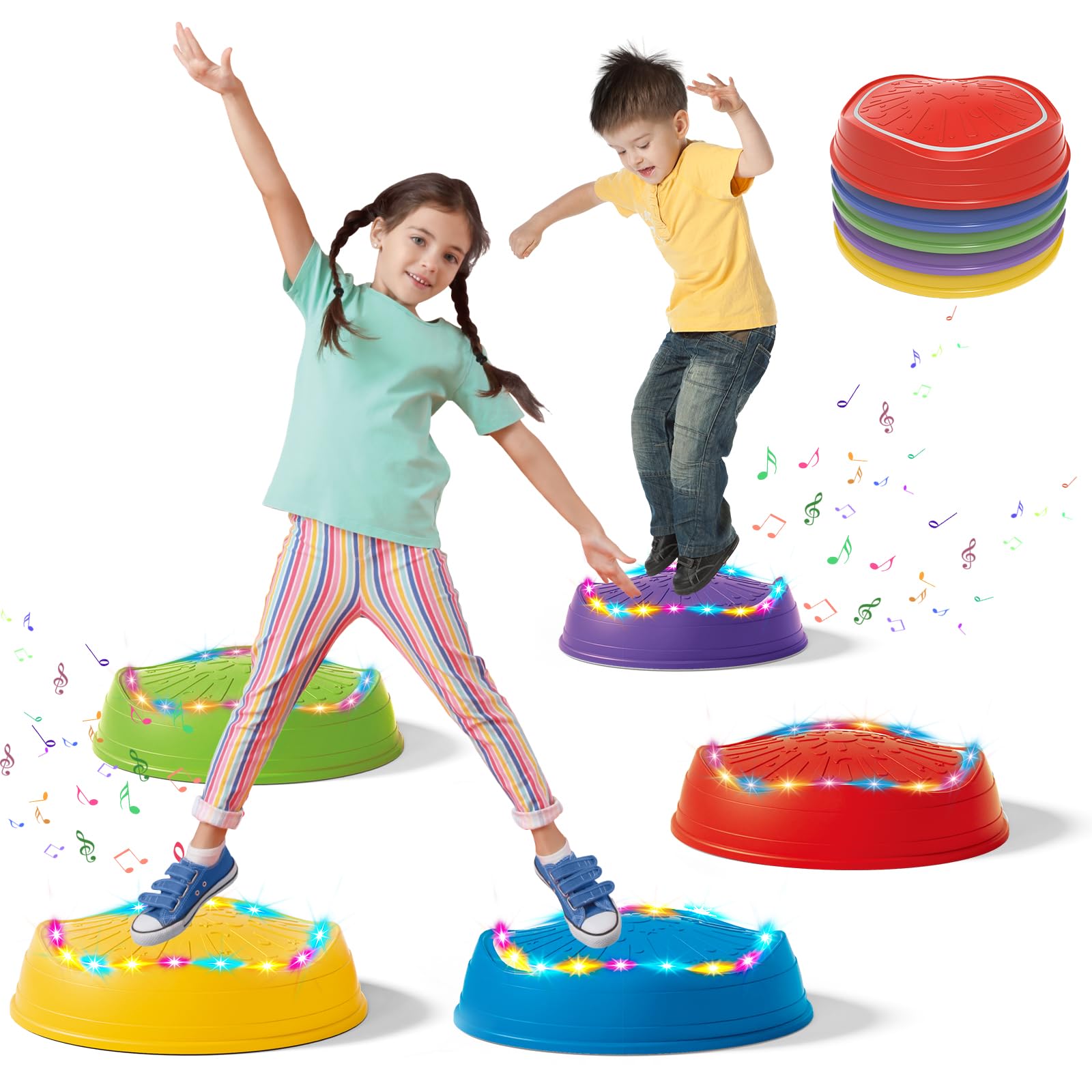 Leuchtende Balanciersteine für Kinder mit Musik - 5er Stapelbar Rutschfest Stapelsteine für Indoor & Outdoor Sensorik Trittsteine Gleichgewichtstrainer ab 3 Jahre