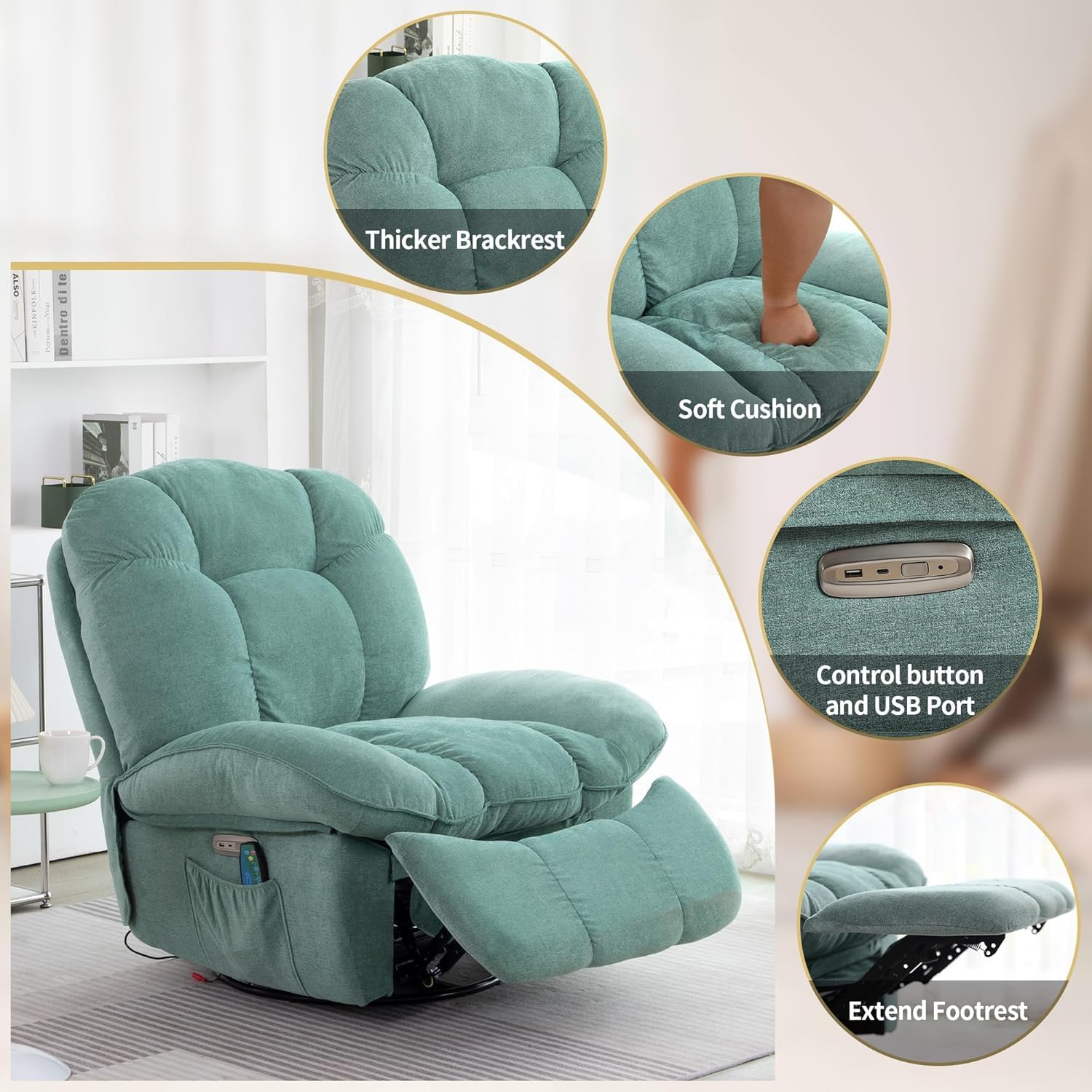 Sillón Relax Reclinable Eléctrico con Calefacción, Puertos de Carga USB-A y USB-C para Dormitorio, Salón, Estudio (Verde)