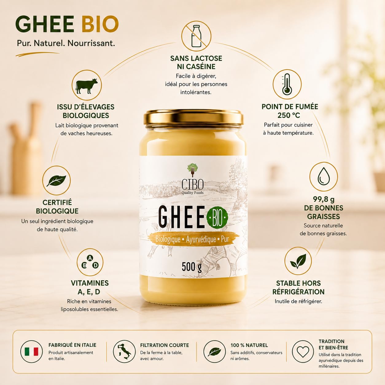 Cibo Ghee Bio 500g - Lait de Parme et Reggio Emilia - Fabriqué en Italie - Vaches de Pâturage - Point de Fumée 250°C - Issu de Crème Centrifugée