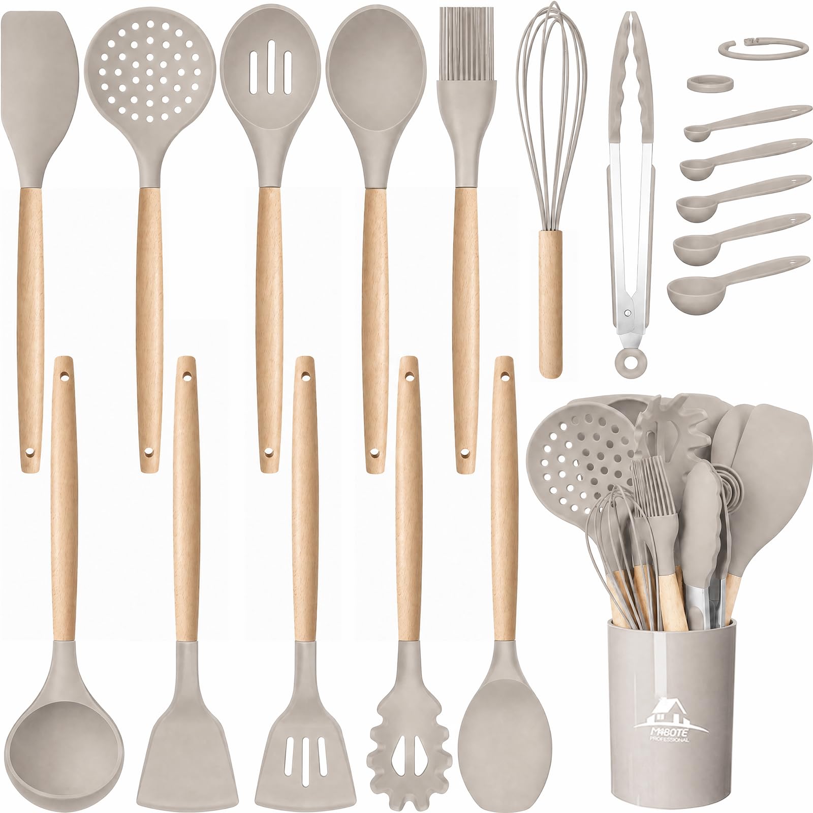 MIBOTE Juego de utensilios de cocina de silicona con soporte, asas de madera, sin BPA, no tóxicas, pinzas giratorias, espátula, cuchara, utensilios de cocina antiadherentes (caqui)