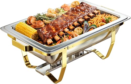 Miniatura 11 de Platos Calentadores para Buffet Paquete de 4, 9 Cuartos, Calentador de Acero Inoxidable con 4 Bandejas de Tamaño Completo, Servidor Calentador
