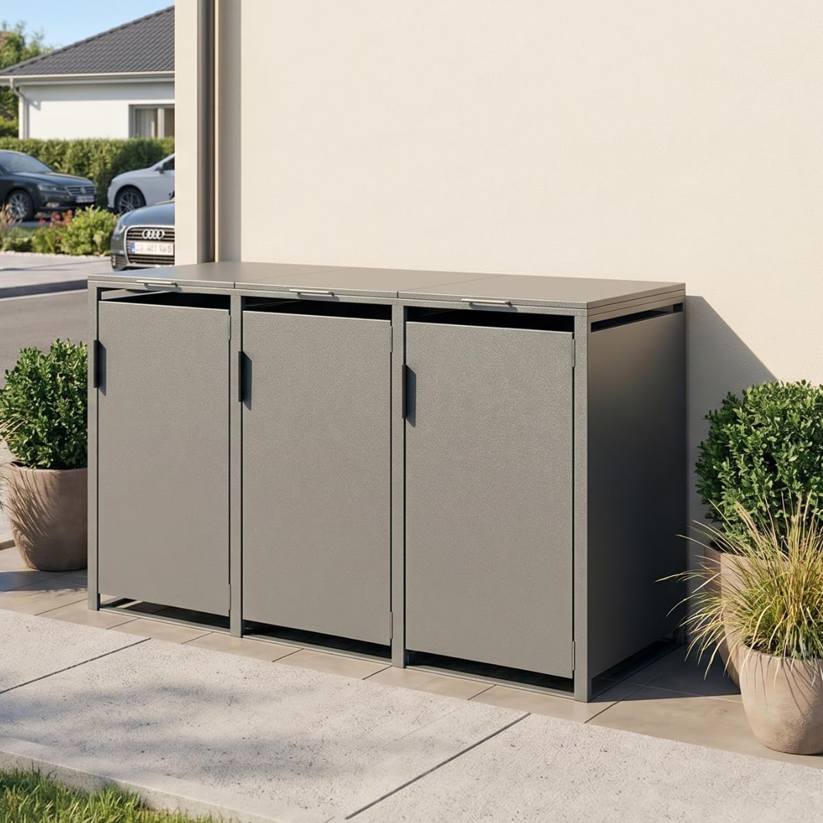 Mülltonnenbox 3er 240L, Mülltonnenhaus, Mülltonnenverkleidung für 3 Tonnen, aus Massivem Pulverbeschichtetem Verzinktem Stahl, Anthrazit, Wetterfest mit Belüftung