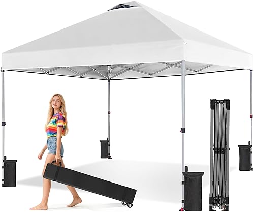 OLIXIS 10x10ft Pop Up Canopy Tent, Heavy Duty 1-Person One Push Setup, Portable Outdoor Shelter for Beach, Events, Camping Includes Rolling Carry Bag, White
