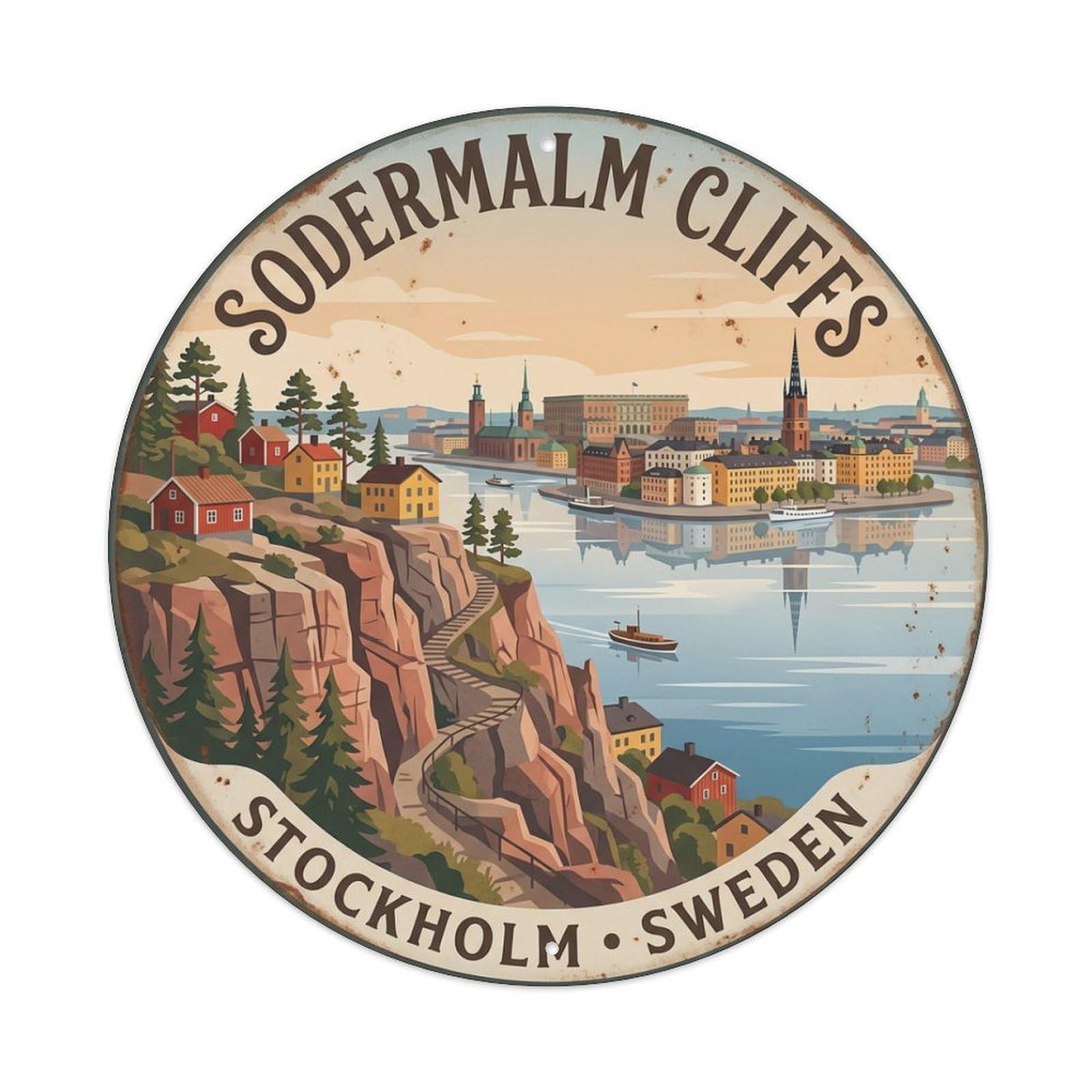 Vintage Travel Sodermalm Sweden Cliffs Metal Tin Sign