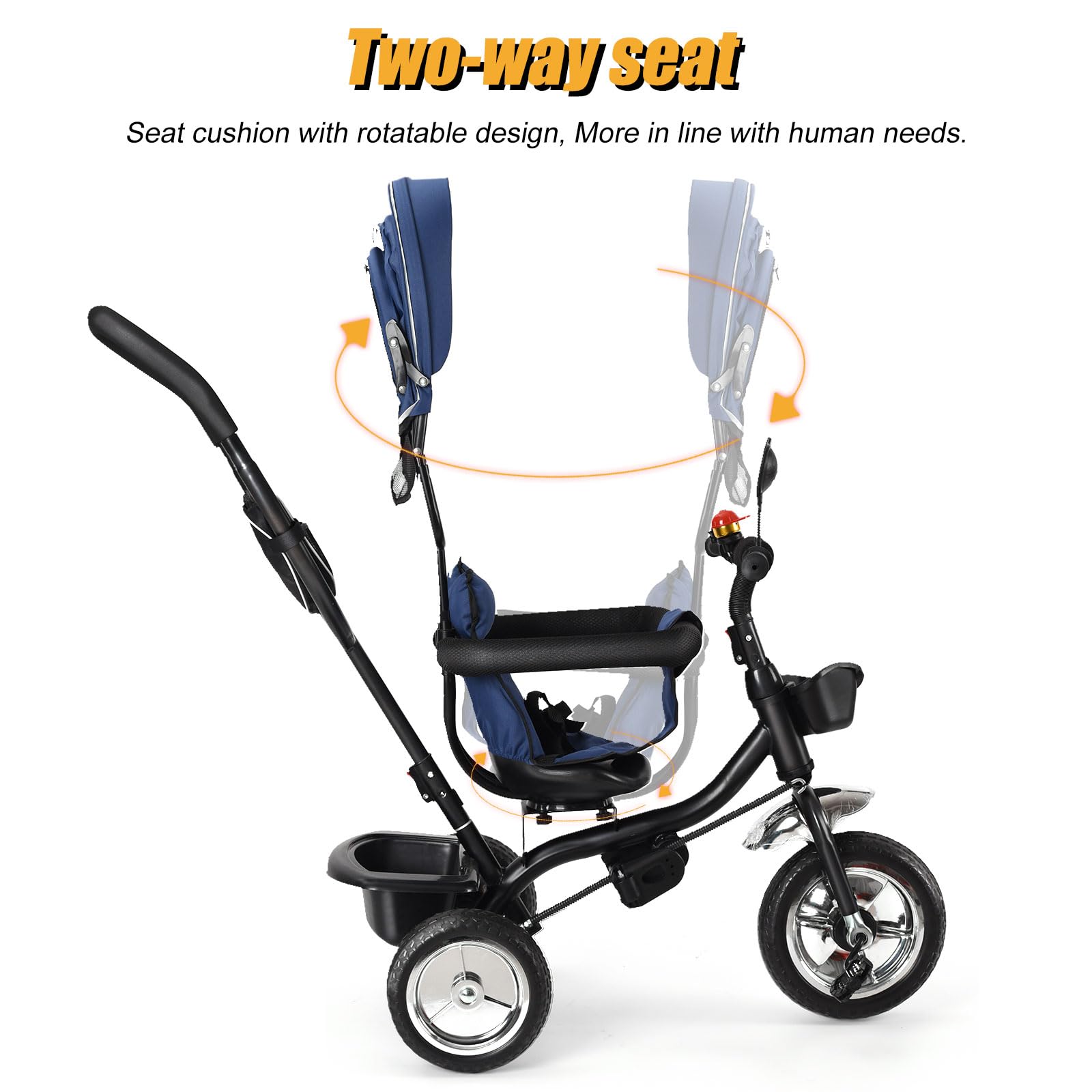 Tricycle évolutif 4 en 1 pour bébé de 9 mois jusqu'à 25 kg, avec tige de poussée réglable en hauteur, siège pivotant avant et arrière, auvent pliable (bleu)