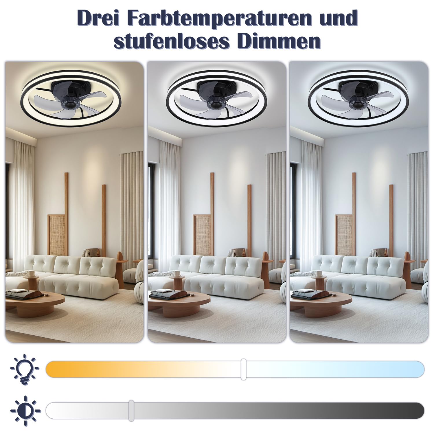 2 ventiladores de techo con iluminación y mando a distancia, diámetro de 48 cm, lámpara de techo con ventilador regulable, 3 temperaturas de color y 6 niveles, función verano/invierno, con