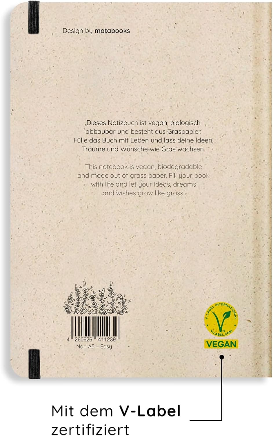 Grass Paper notebooks A5, Nari Blanko, 138 Lined Pages, Natur