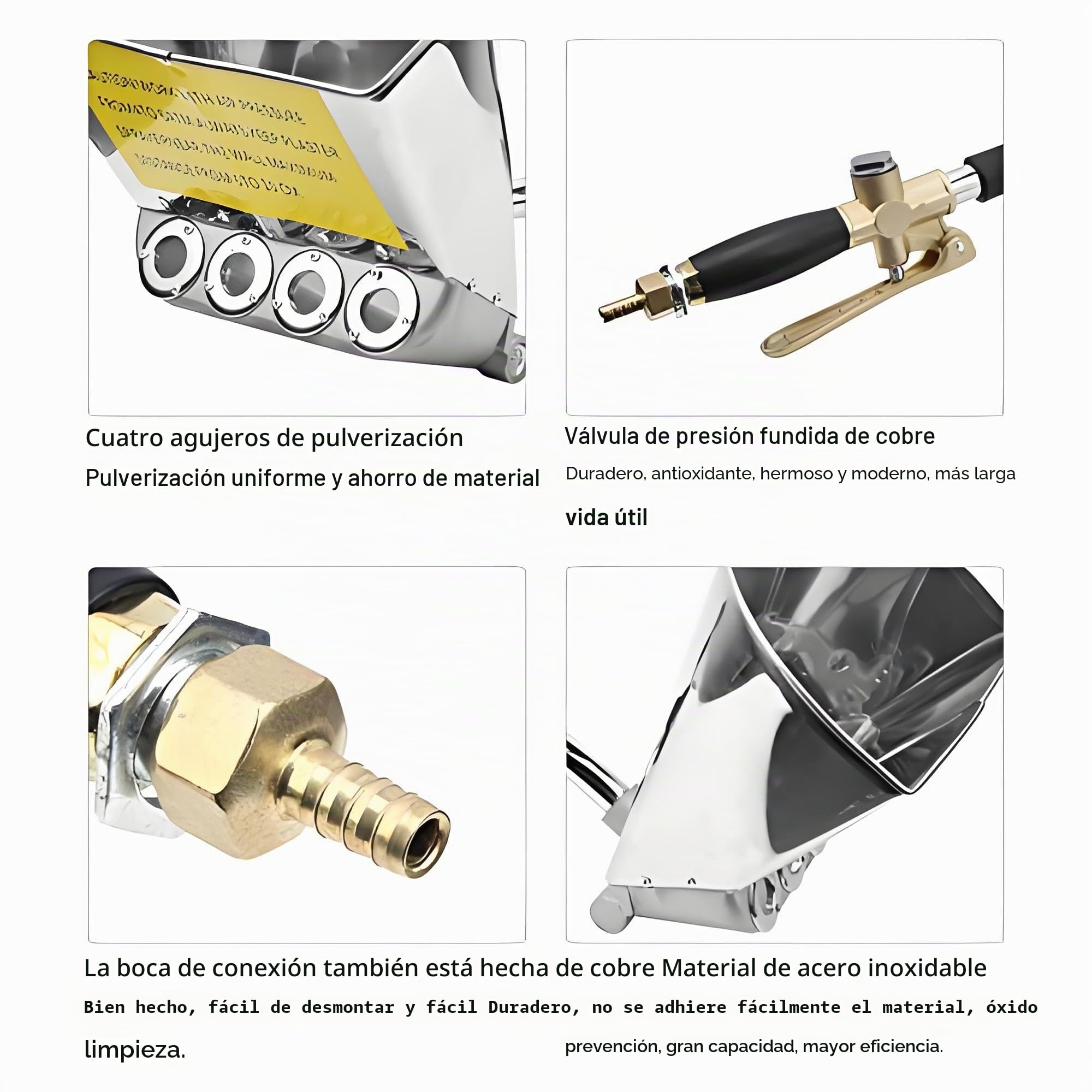 Pulverizador de Mortero de Acero Inoxidable con Cuatro Orificios de Pulverización de 18 mm para Aplicación de Cemento y Estuco en Paredes con Alta Eficiencia y Fácil Limpieza