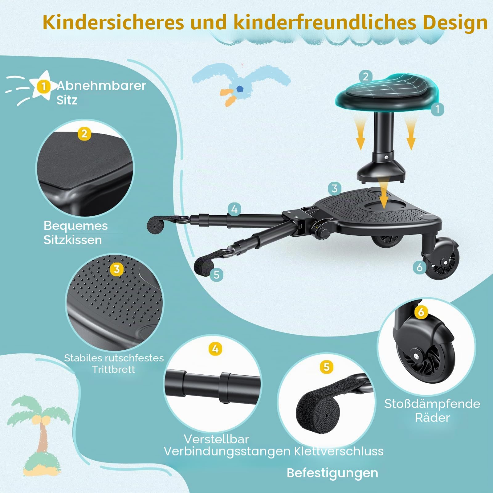 Buggy Board mit Verbreitertem Sitz, Universales Trittbrett für Kinderwagen für Kinder von 2-6 Jahren, 25kg Belastbarkeit, Steh- und Sitzbrett Kompatibel mit Über 99% Kinderwagen