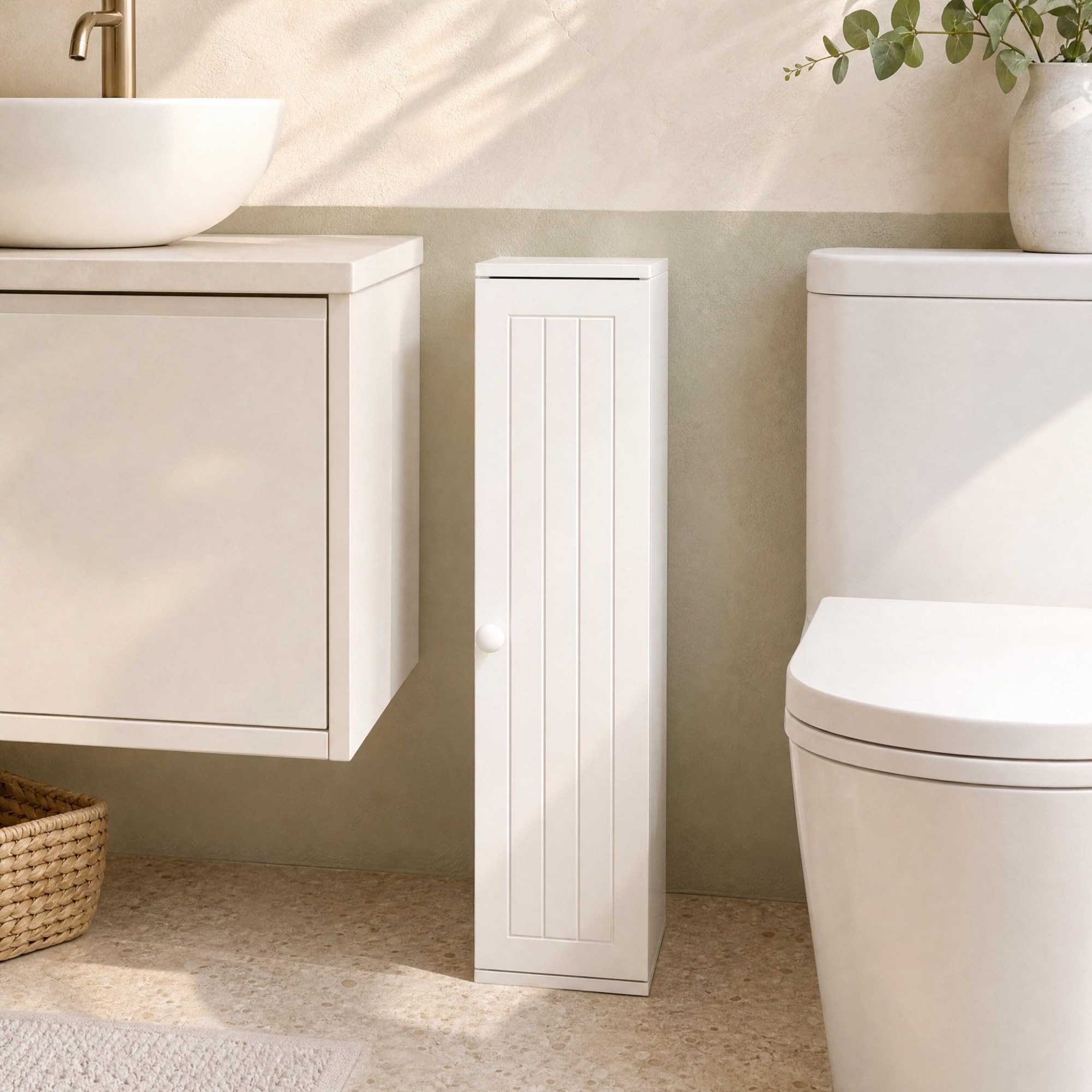 LIFEZEAL Armario para Papel Higiénico de Baño, Independiente con 5 Compartimentos y 3 Estantes Desmontables, de Suelo con Una Puerta, Blanco
