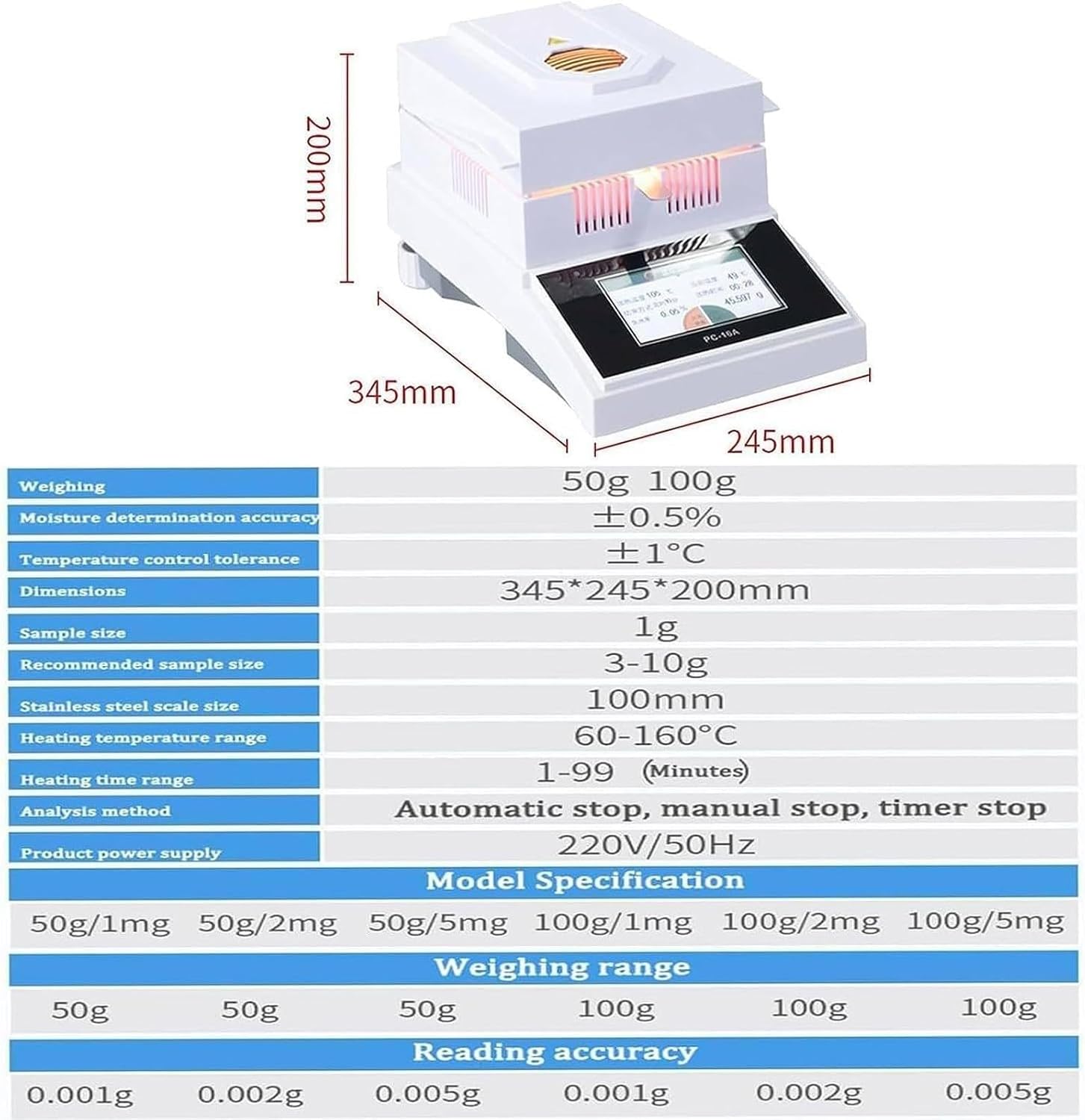 Halogen Heating Moisture Analyzer for Rapid Moisture Test, 0.01% Readability Lab Moisture Balances for Lab Test Analysis, 5-inch Touch Screen, 50/100g Capacity, Halogen Lamp Heating,50g/1mg
