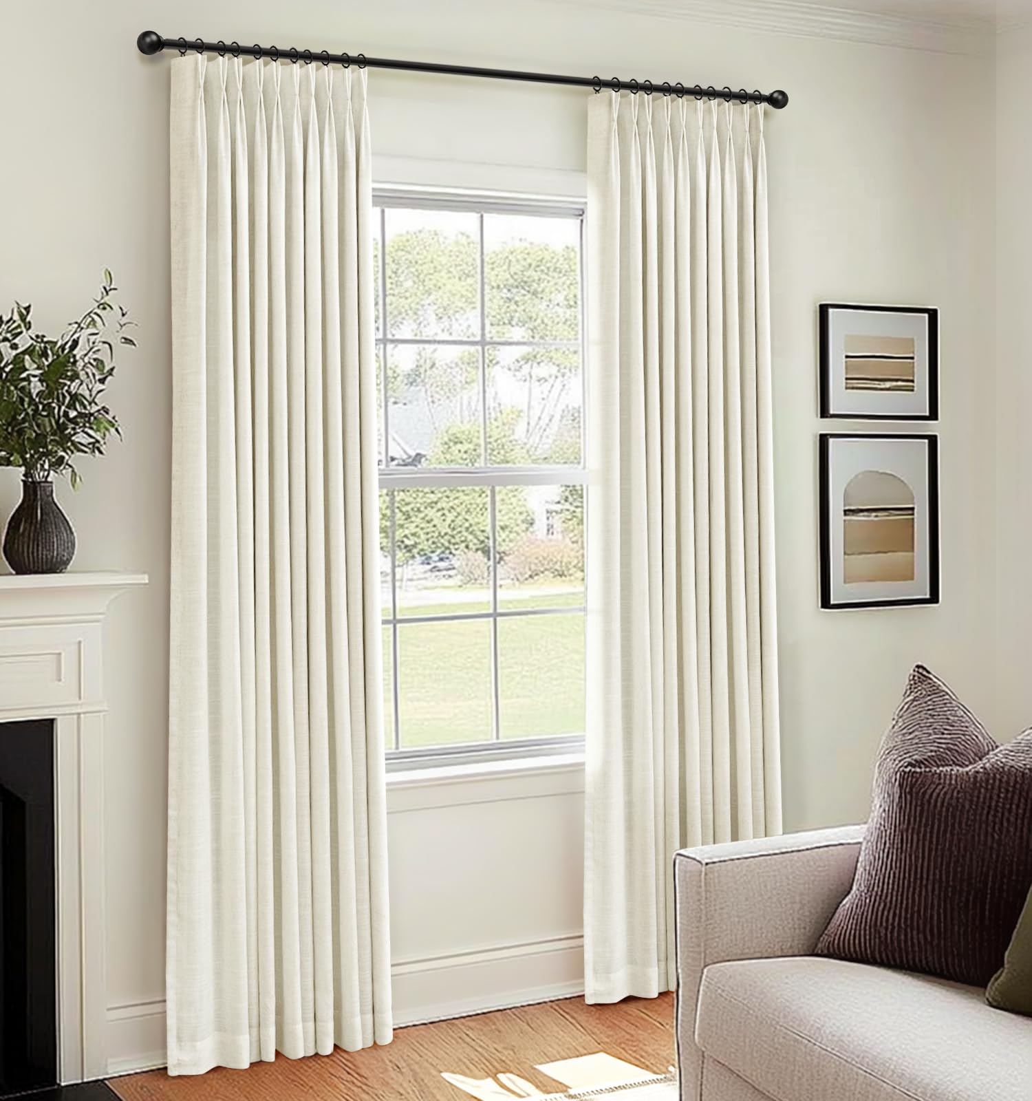 View 1 of 100% Blackout Shield Linen Pinch Pleated Curtains Blackout, Curtains 120 Inches Long 2 Panel Set for Bedroom/Living Room, Pinch Pleat Drapes with Hooks, 40” W x 120” L, Ivory White