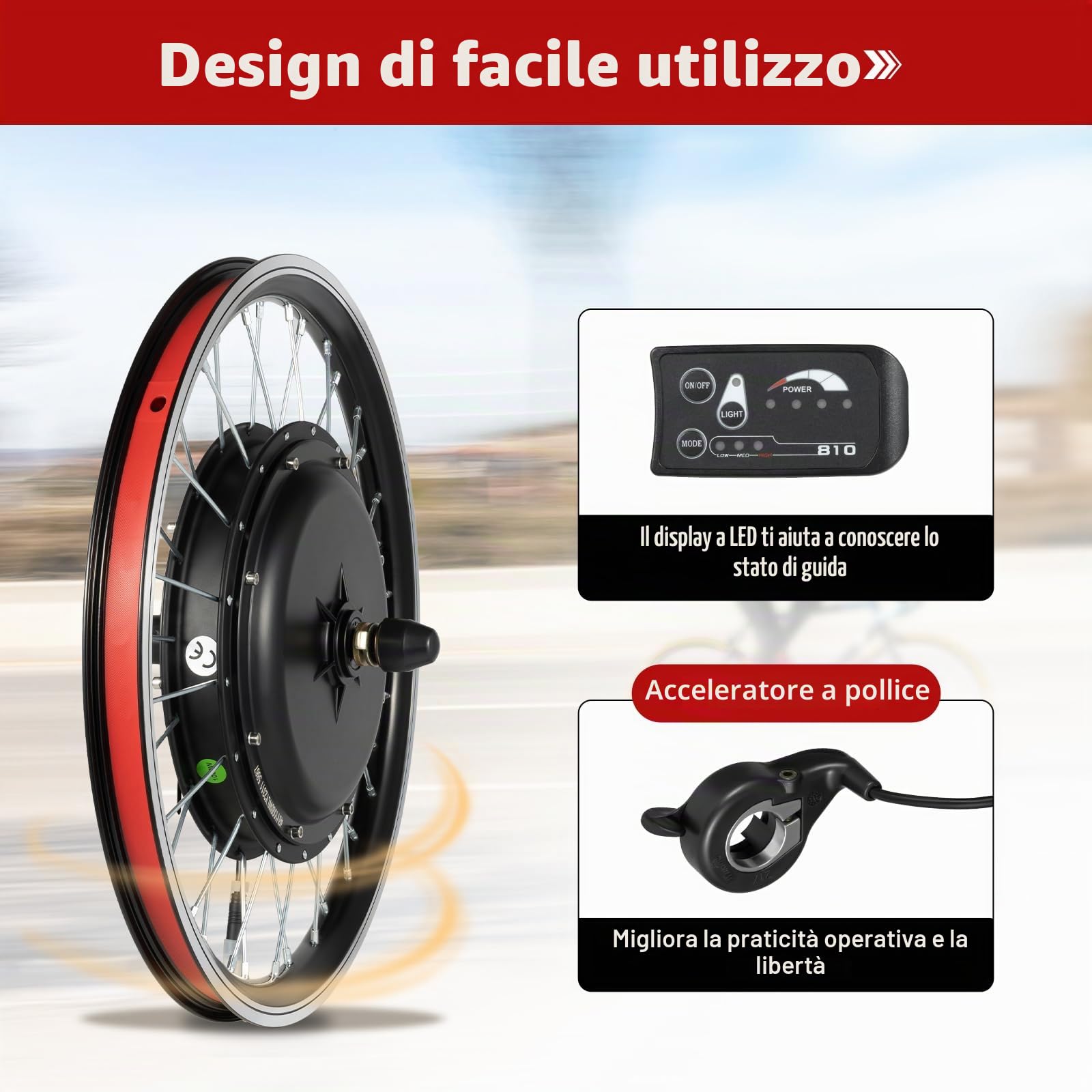 Kit di conversione per biciclette elettriche 48 V 1000 W 20 pollici, kit di conversione per bicicletta con display LED e acceleratore a pulsante, cerchio in lega leggera con freno a disco e freno a V