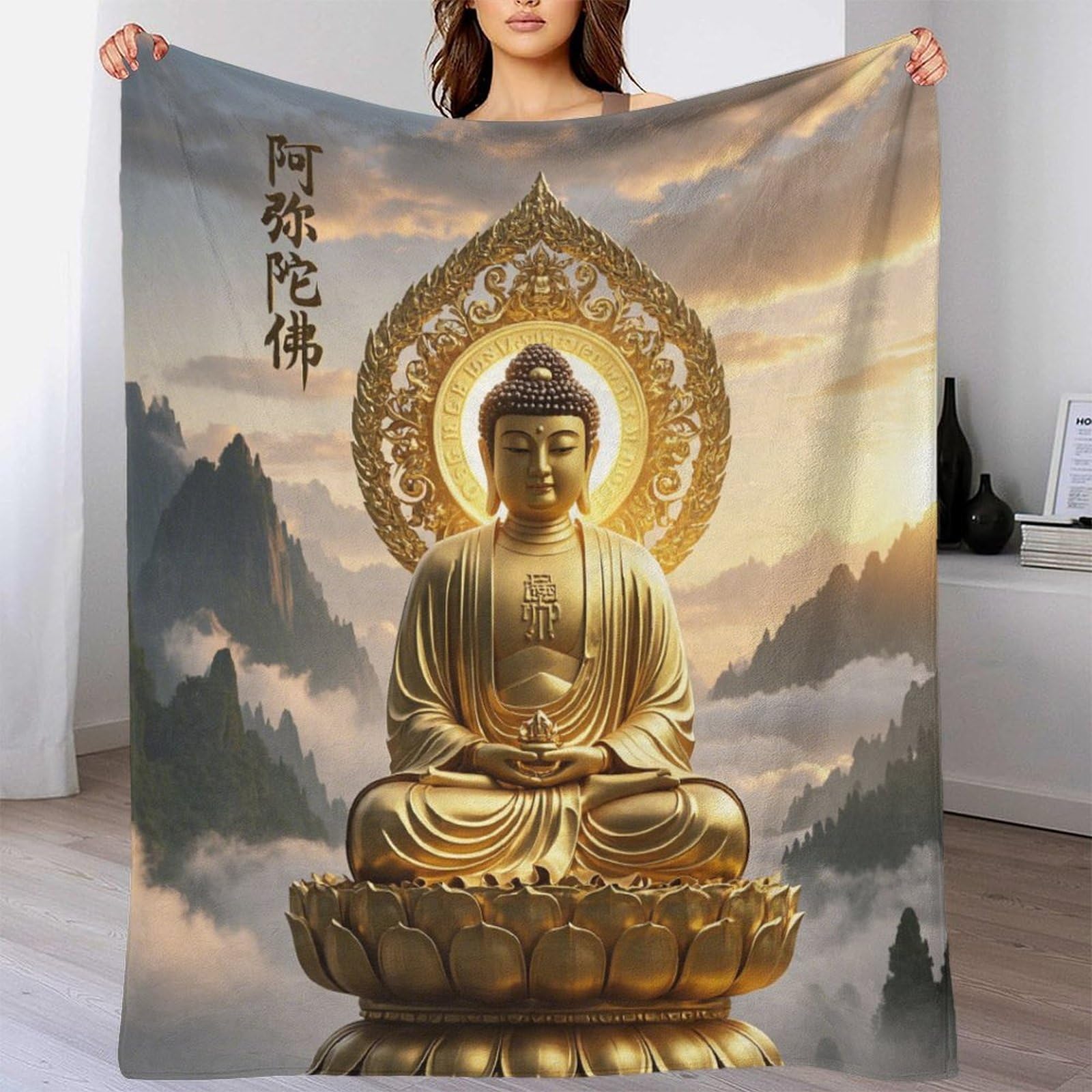 Statuetka Buddy, puszysty koc wełniany, 150 x 200 cm, na sofę, koc sakyamuni biały, puszysty, miękki, ciepły koc Sherpa na kanapę, do salonu, na zimę/jesień