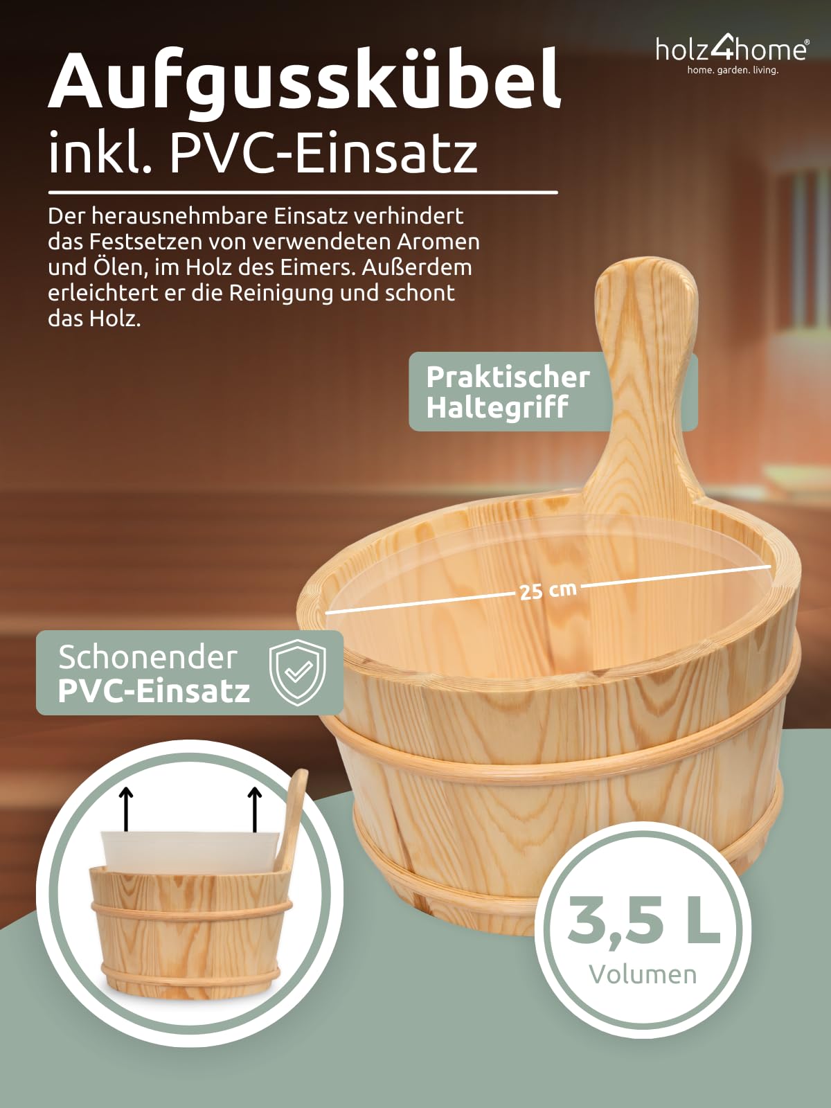 holz4home® Sauna Eimer Set I Hochwertiges Saunazubehör Eimer mit Kelle Sanduhr Thermometer Hygrometer I Hitzebeständiges Sauna Set aus Holz I Komplettset Fasssauna Saunakübel mit Einsatz