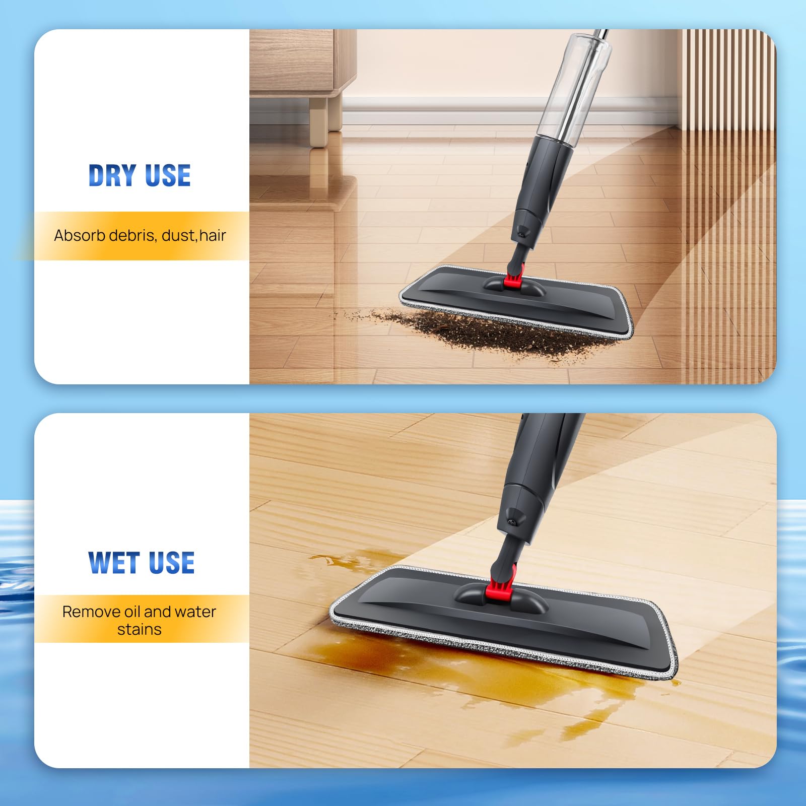 Mocio spray in microfibra per la pulizia dei pavimenti, girevole a 360° per pavimenti in laminato con flacone spray grande da 700 ml, panni lavabili di ricambio, per uso bagnato e asciutto, potente