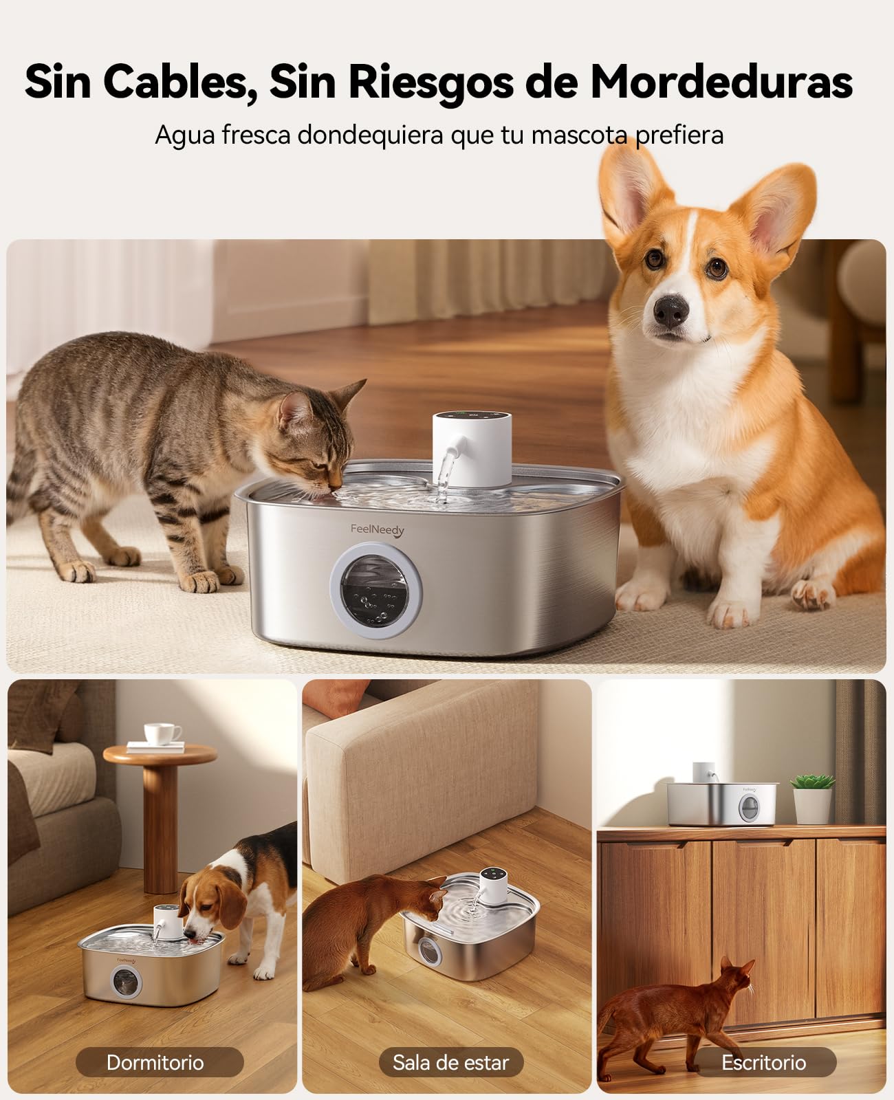 FEELNEEDY 8L Fuente para Gatos sin Cable, Bebedero Gatos Perros de Acero Inoxidable con 3 Filtros, 5000mAh Batería Recargable, Apta para Lavavajillas, Sensor de Radar Mejorado