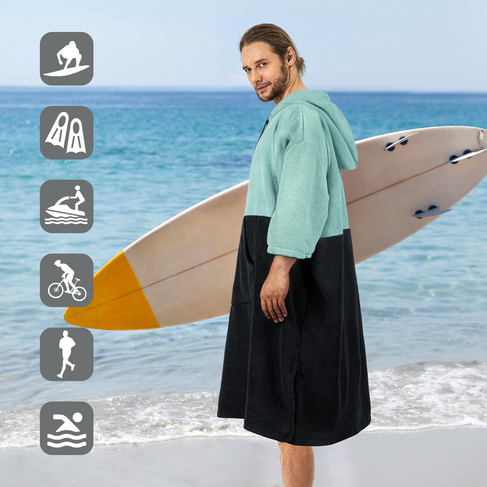 Poncho de surf à enfiler, manches 3/4, très grand, épais poncho à capuche pour homme et femme, baignade en bord de mer, 109,2 cm x 88,9 cm, noir vert