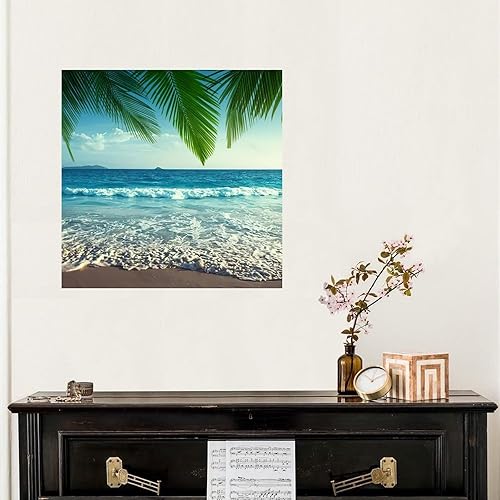 Miniatura 4 de Calcomanía de pared con diseño de palmeras tropicales con citas de paisaje marino, pintura al óleo azul, calcomanías de vinilo para pared, citas