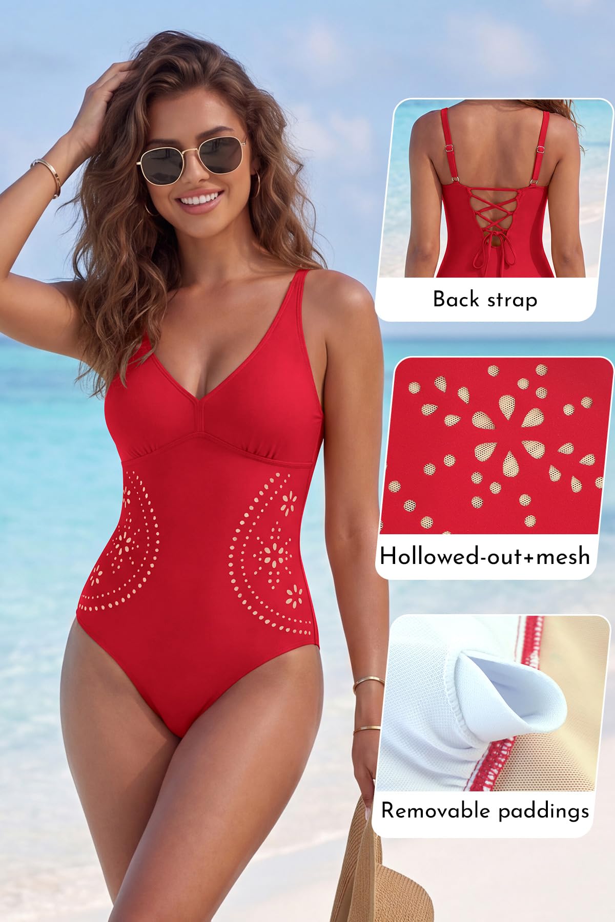 SHEKINI Femmes One Piece Maillot de Bain Ventre contrôle V Cou découpe Maillot de Bain Lace-up Dos Maillots de Bain