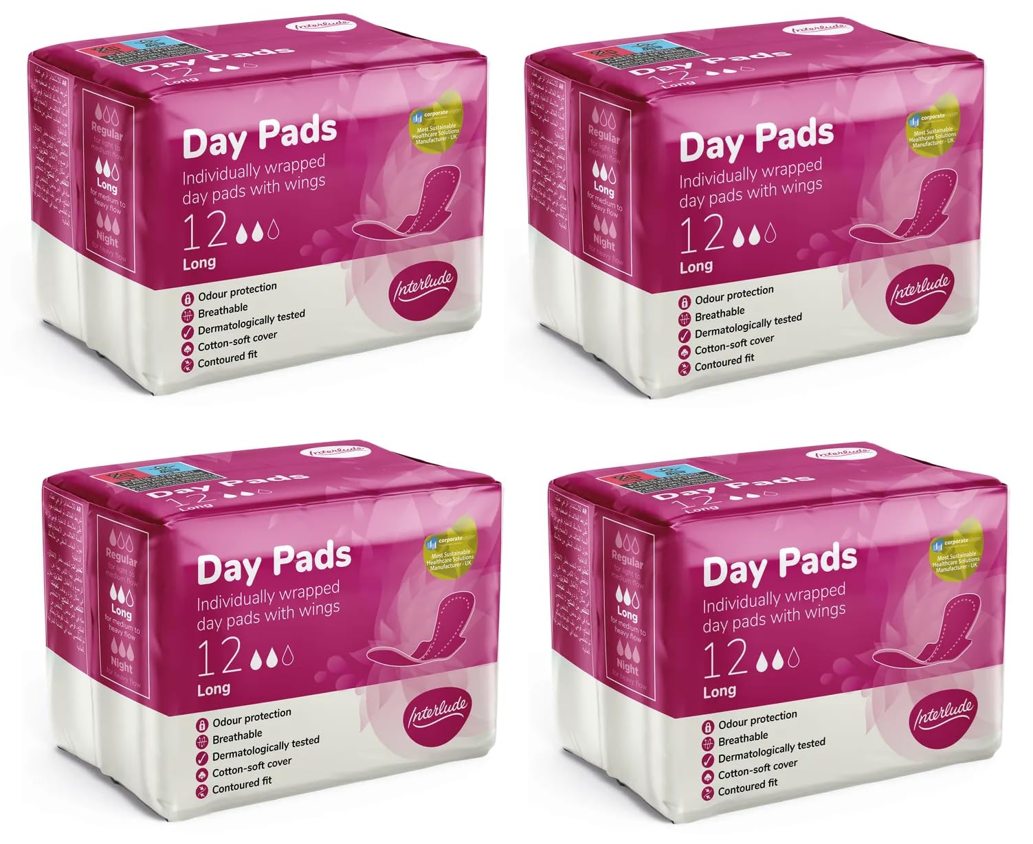 Interlude Ultra Day Pads - Period Pads with Wings, Size 2, Long, 48 Towels (12 x 4 Packs), Anti-Leakage, Protection & Comfort - Contoured Fit