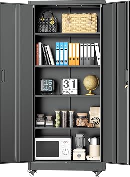 INTERGREAT Metal Garage Storage Cabinet with Wheels, Rolling Storage Cabinet with Locking Doors and 4 Adjustable Shelves,- 73" Steel Tool Cabinet for Home Office,Garage,Warehouse,Black