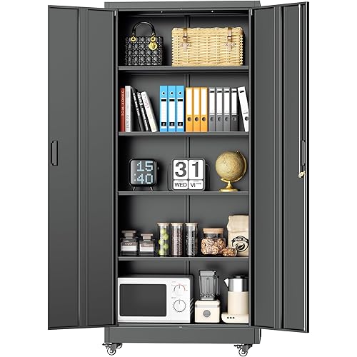 INTERGREAT Metal Storage Cabinet with Wheels, 73" H Rolling Metal Cabinets with Doors and Shelves, Steel Lockable Cabinet on Wheels, Black Office Storage for Home/Garage