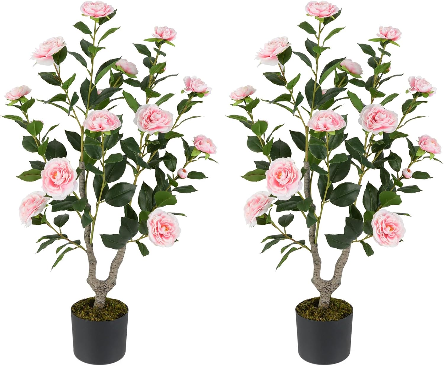 Goplus 36’’ Artificial Camellia Tree, 2 Pack Flower Plants Artificial Tree, Faux Floral Plant Blooming Tree in Nursery Pot, Greenery Potted Plant for Indoor Office Home Porch Decor, Pink