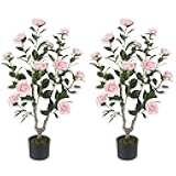 Goplus 36’’ Artificial Camellia Tree, 2 Pack Flower Plants Artificial Tree, Faux Floral Plant Blooming Tree in Nursery Pot, Greenery Potted Plant for Indoor Office Home Porch Decor, Pink