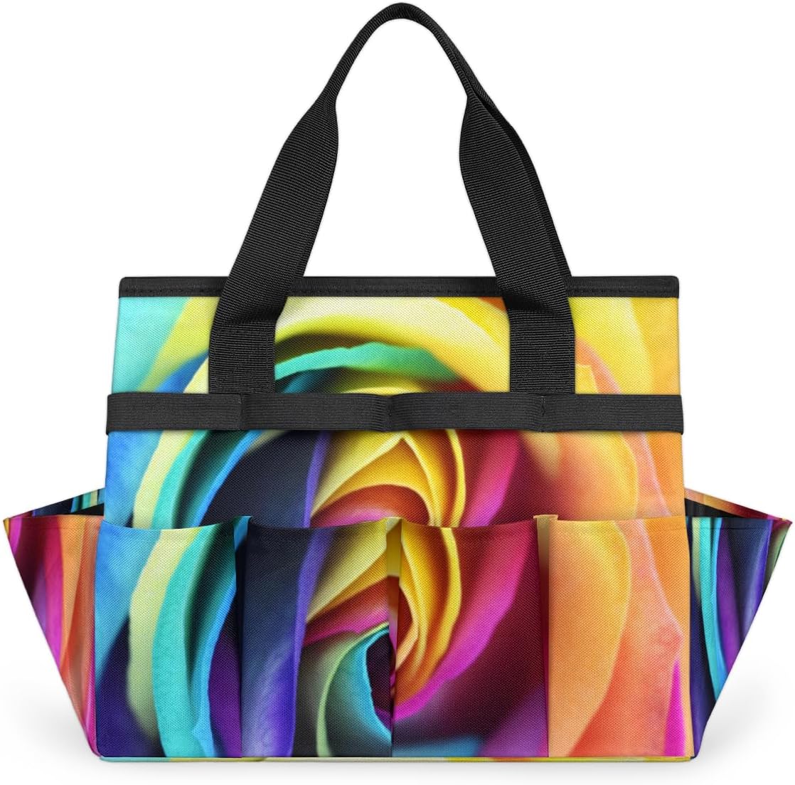 Colorful Rainbow Rose Garden Tool Bag Waterproof Gardening Tool Storage Bag with Handle & 10 Pockets Gardening Tote Bag for Women Garden Tool Organizer