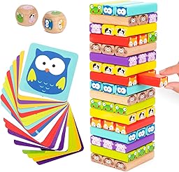 Nene Toys 4 in 1 Wooden Blocks Tower with Colors and Animals - Educational Family Board Game for Boys Girls Ages 3-9 - Gift for Parent-Child Sharing
