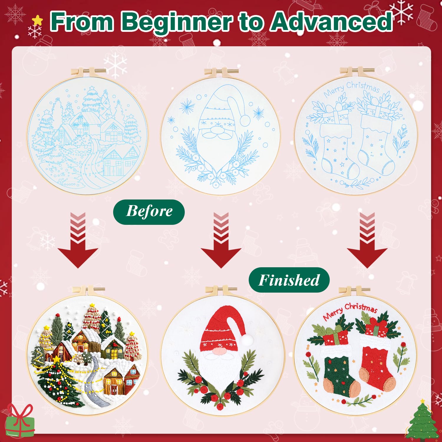 Christmas Embroidery Kits - 3 Pack for Beginners -4