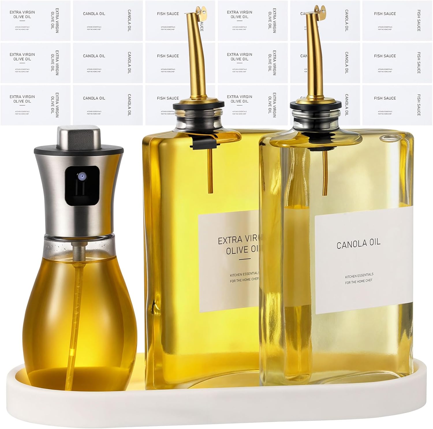 Hushee 2 Pcs 350ml Olive Oil Dispenser Bottle for Kitchen & 1 PC 200ml Oil Sprayer for Cooking with Silicone Funnel, Tray, Stickers, Coffee Syrup Dispenser for Soy Sauce Salad Air Fryers