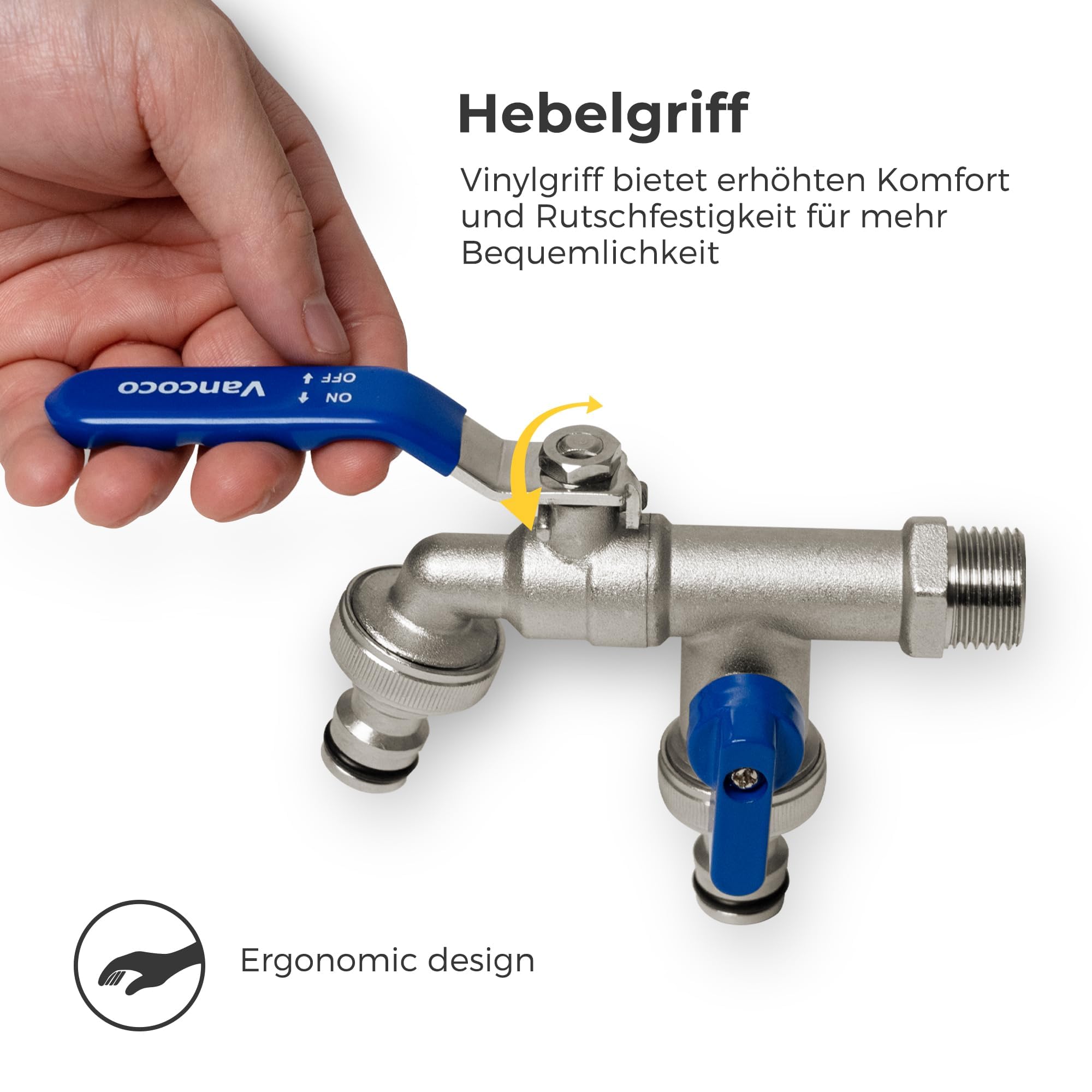 VANCOCO 2 Stk. Doppel Kugelhahn Außen, 1/2 Zoll Anschluss, 2 Schlauchanschlüsse, Dichtband, Gartenwasserhahn für Regentonne & Bewässerungssystem