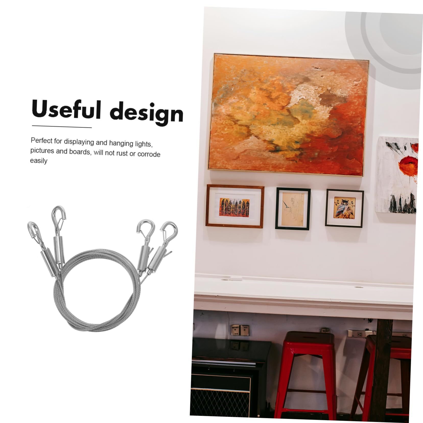 Kit Suspension Photo Métallique Réglable – Lot De 2 Câbles Acier Inoxydable 2m × 1,5mm Avec Crochets | Pour Cadres, Miroirs, Décorations Murales