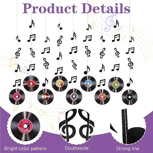 Miniatura 4 de 9 piezas de decoración de fiesta de rock and roll, para Halloween, retro, notas musicales, pancartas colgantes recortadas, notas de registro,