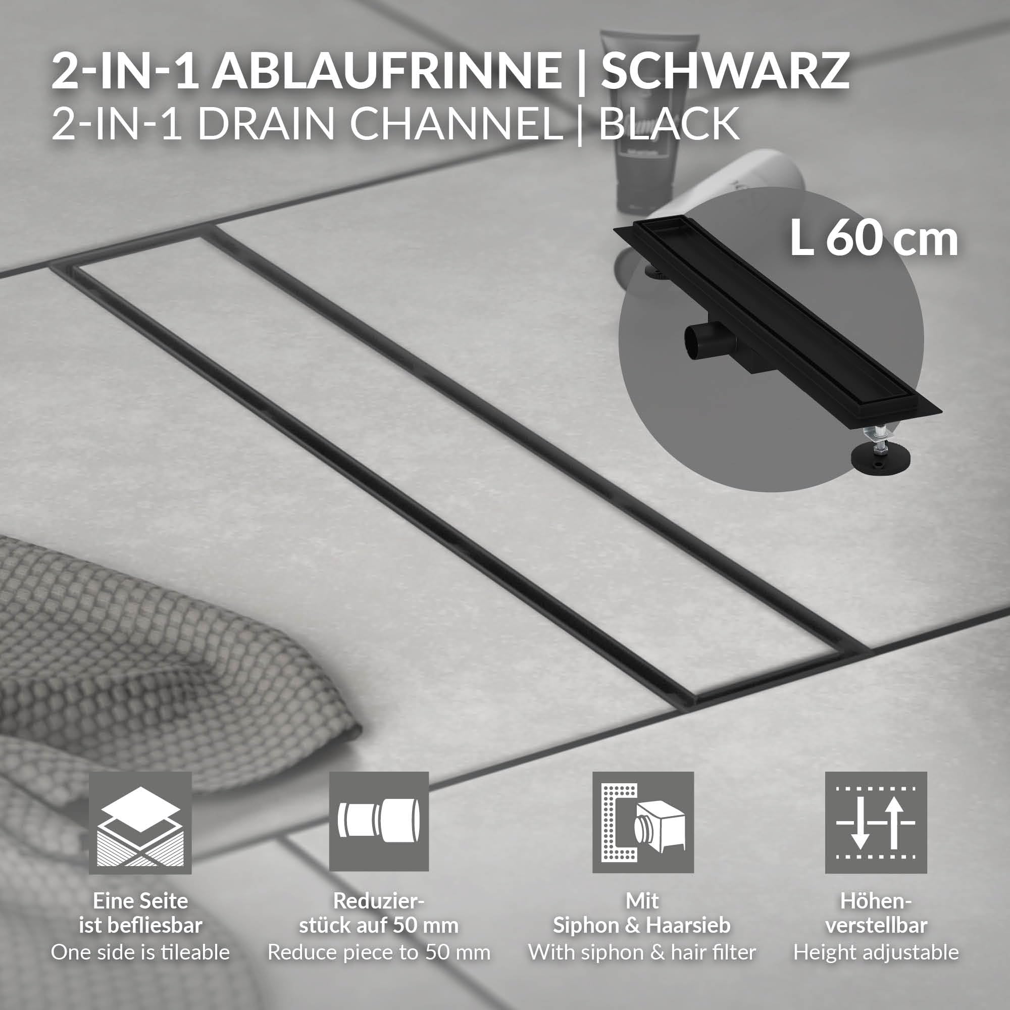 LuxeBath Caniveau de Douche 60 cm 2en1 à Carreler, Noir, Acier Inoxydable, avec Appareil Désodorisant et Filtre à Cheveaux Amovible, Pieds Réglable en Hauteur, Siphon Double Face, Écoulement de Sol