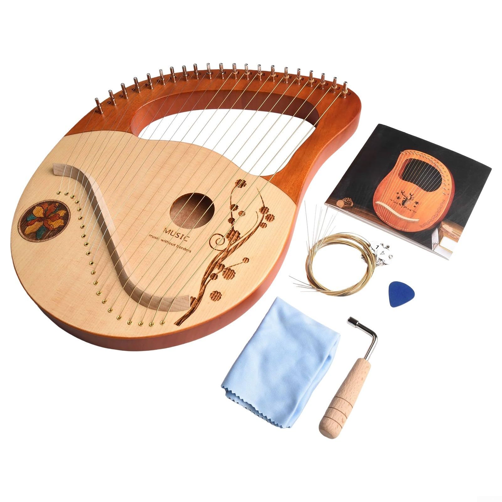 Instrumento de madera maciza de caoba de 21 cuerdas con llave de afinación, cuerdas de repuesto, paño de limpieza para principiantes, amantes de la música, diseño de ciervo, listo para tocar