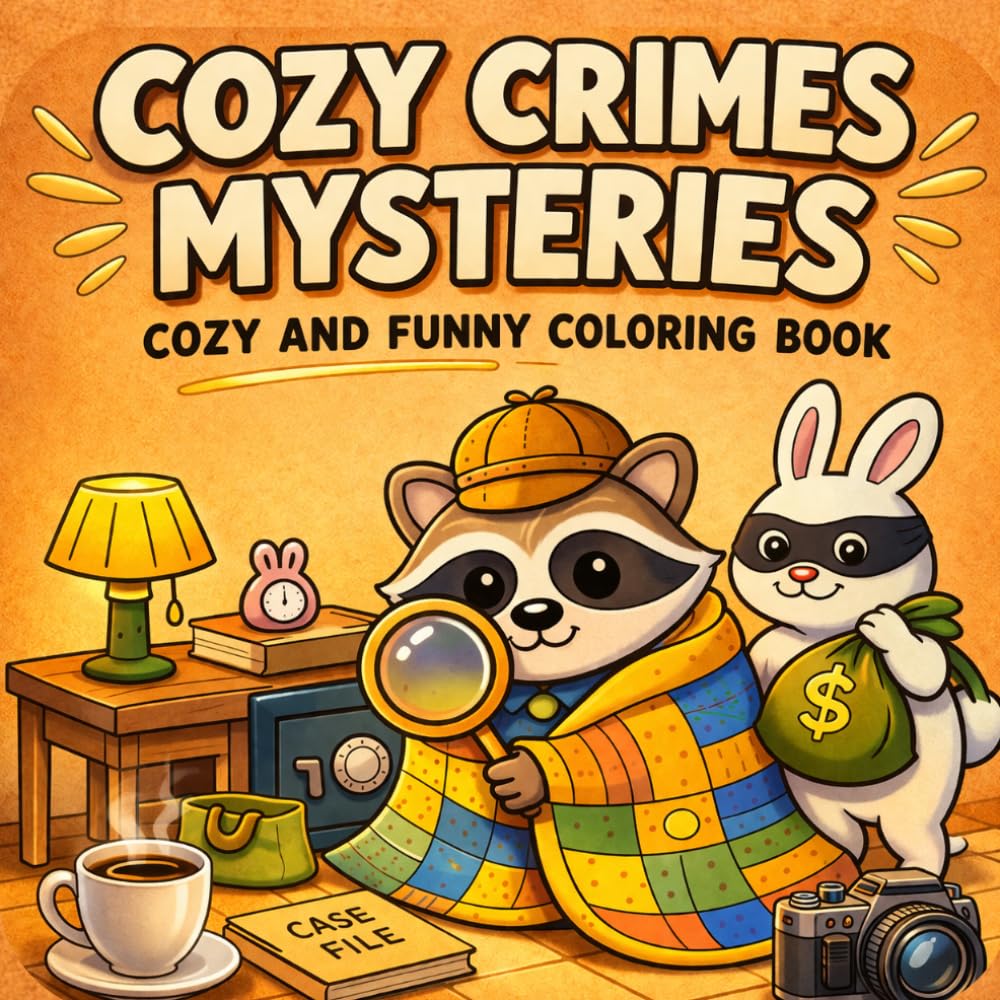 Cozy Crime Mysteries: Cute Coloring Book for Adults: Relaxing Cozy Scenes, Funny Animal Characters with Easy & Simple Designs for Relaxation