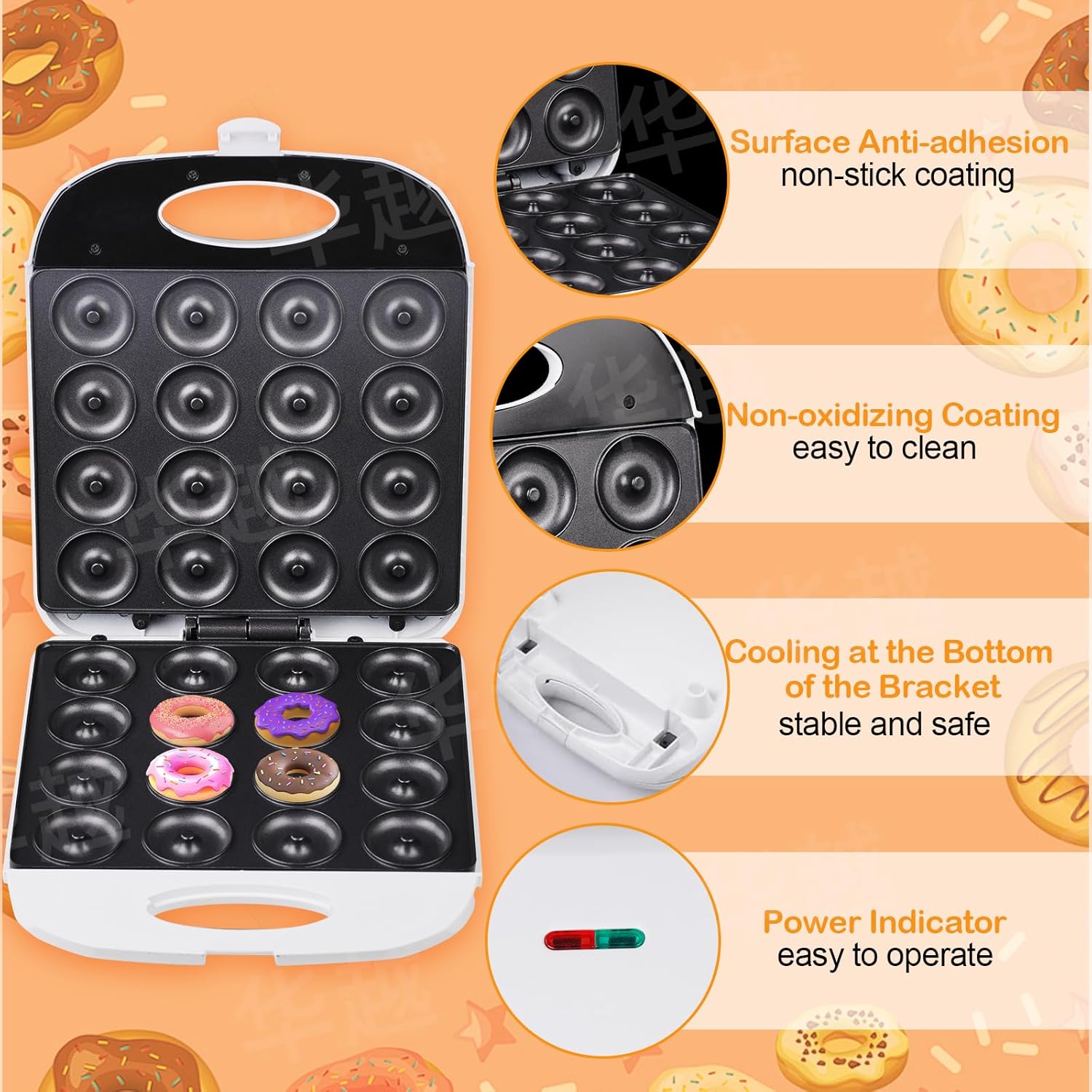 Mini Donut Maker, Mini pancakes maker Machine for Breakfast, Snacks, Desserts & More with Non-stick Surface, cake machine, Double-sided heating Makes 16 Doughnuts