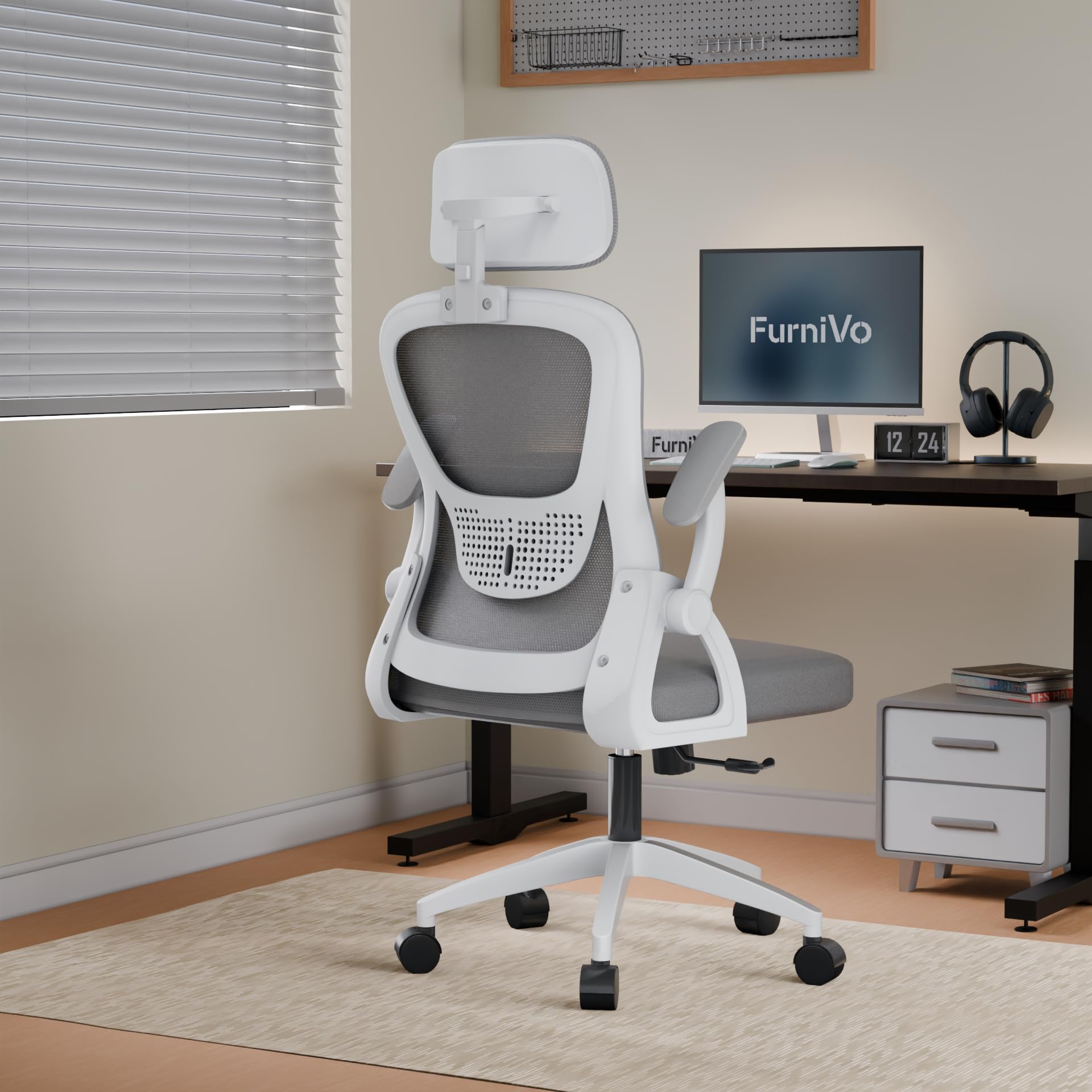 Furnivo Spark Ergonomic High Back Office Chair with 3D Adjustable Armrest, Adjustable Headrest, Lumbar Support, Revolving Mesh Chair - Home & Office | 3 Years Warranty (White-Grey)