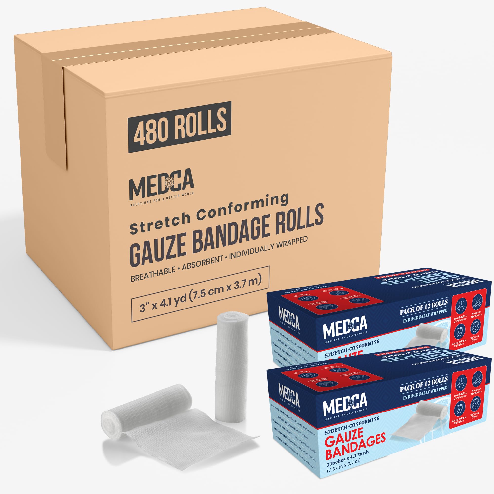 Gauze Bandage Rolls - (480 Pack) 3 in x 4.1 Yards Per Roll of Medical Grade Gauze Bandage and Stretch Wrapping for Dressing All Types of Wounds and First Aid Kit by MEDca, (3-Inch, 480 Pcs)