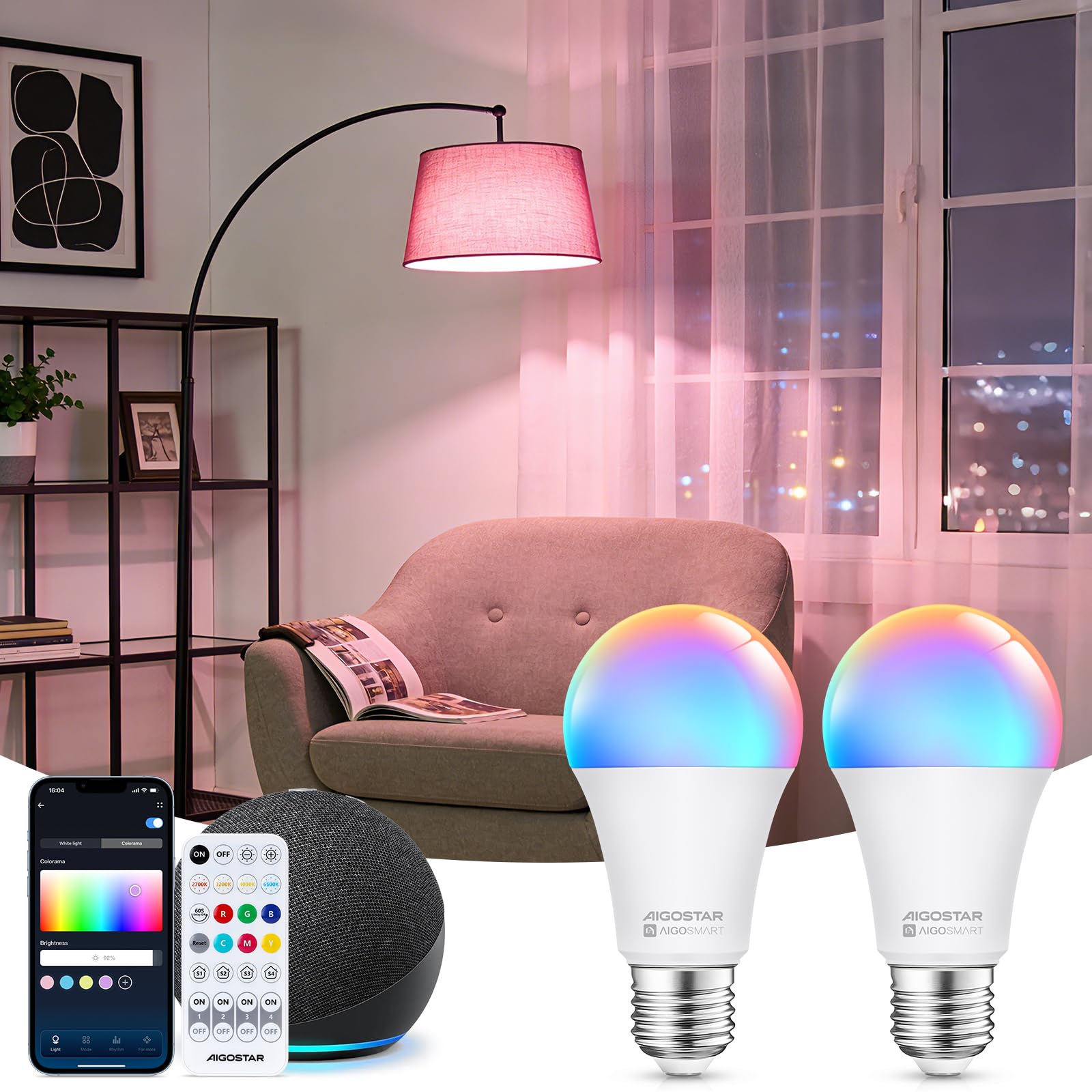Aigostar Mesh- Bombilla inteligente Bluetooth Mesh, A60. 2700K-6500K y RGB regulable, E27, 12W, 1150 LM. Bombilla LED inteligente compatible con Alexa y Google Home. Incluye mando a distancia. 2Uds