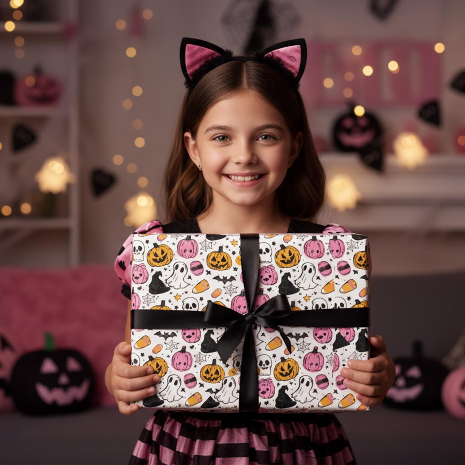 Adurself Halloween Wrapping Paper - 28 x 40 Pink Ghost Pumpkin Spiderweb Assorted Design, Folded Flat Gift Wrap Paper - 6 Jumbo Sheets for Halloween Birthday Holiday Trick or Treat Party Gift Bags Favors image 5