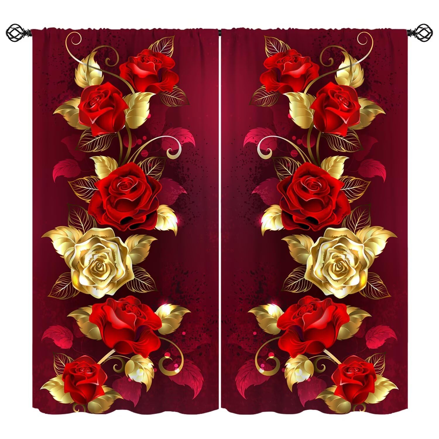 Moderw Red Gold Rose Curtains, Romantic Rose Burgundy Red Rustic Retro Flower Window Treatments for Women Girls Home Decor Floral Blackout Drapes for Bedroom Kitchen Living Room W42xL54in