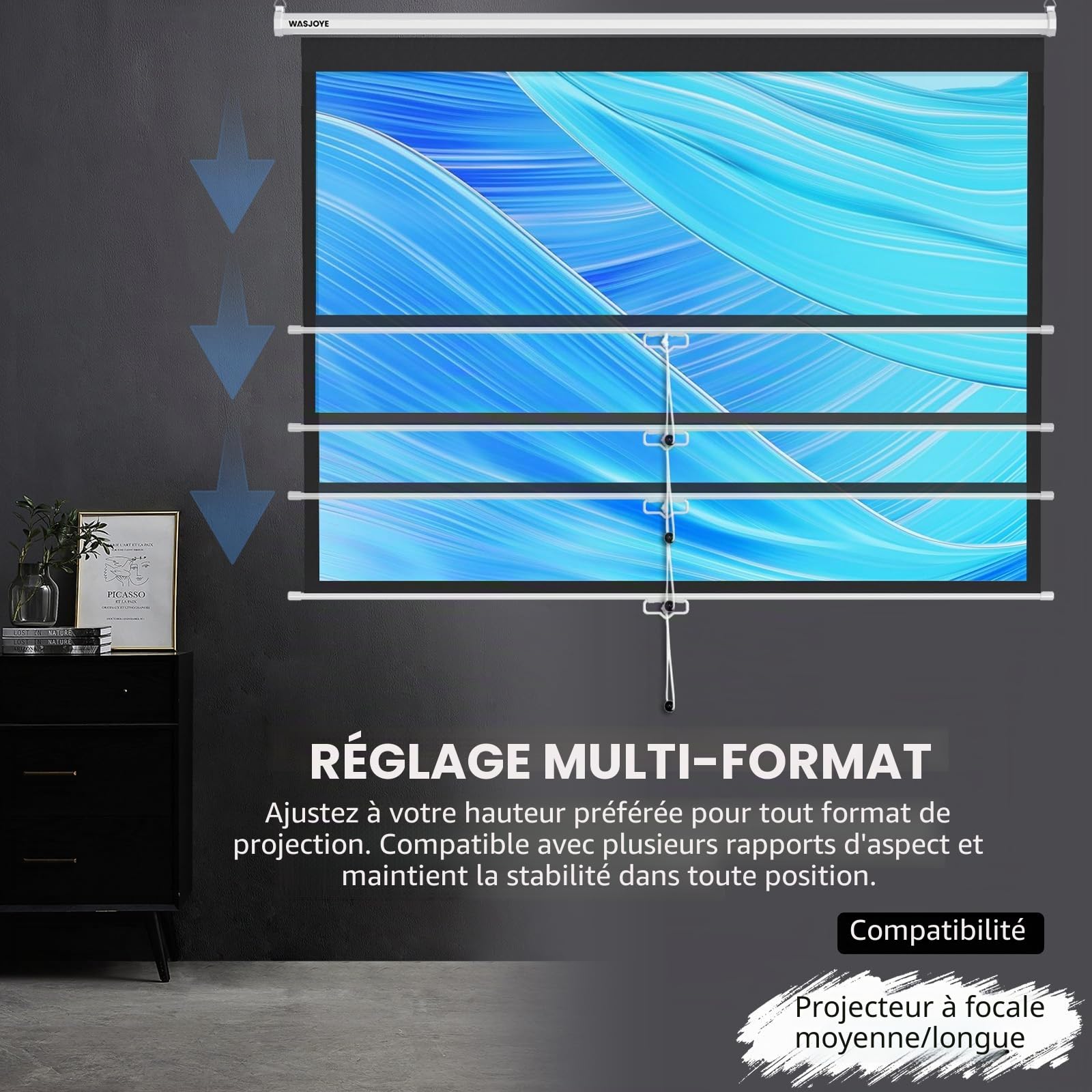 WASJOYE Écran de Projection Manuel - Universal 100" Toile Videoprojecteur Enroulable Rétractable, Projector Screen avec Verrouillage Automatique, Hauteur d'Ecran réglable, Lunette Noire Masquée