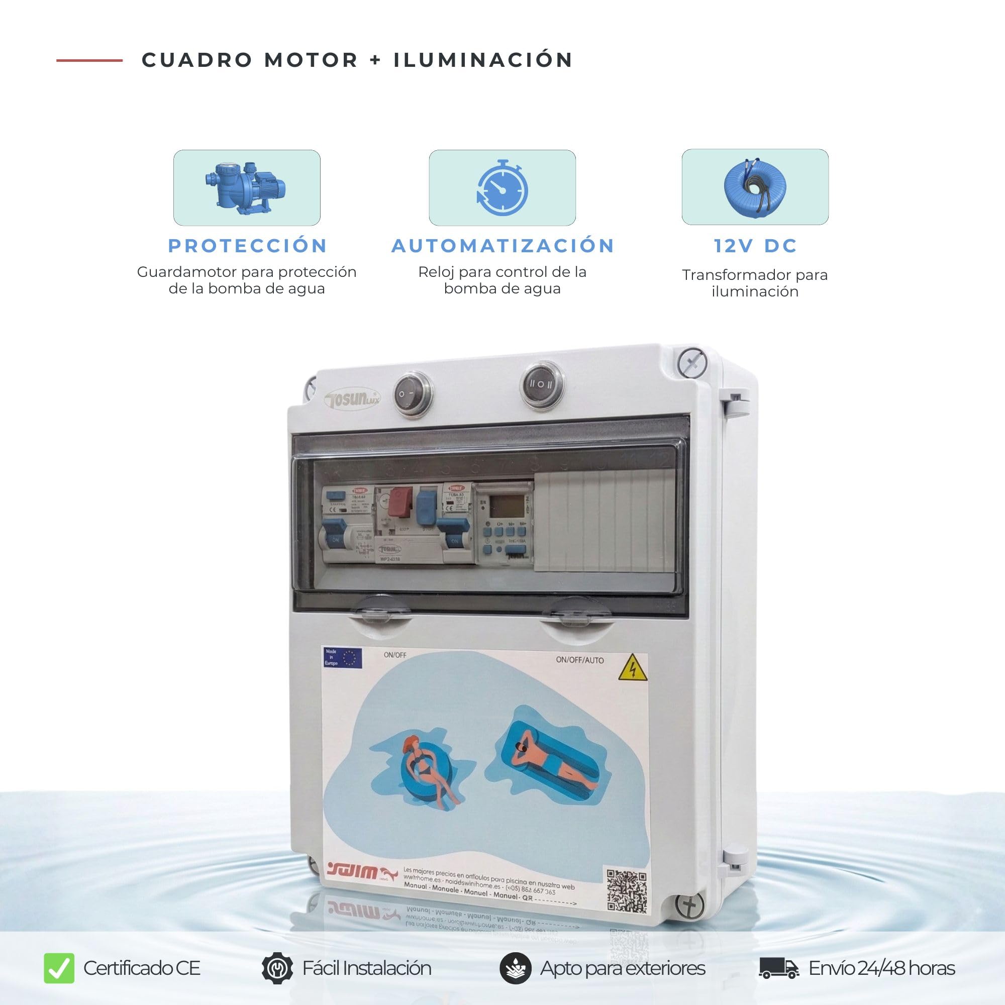 Tosun Cuadro Eléctrico Piscina Bomba 0,5CV, Transformador 150W 12V DC, Controlador RGB y Mando, Gris, ABS