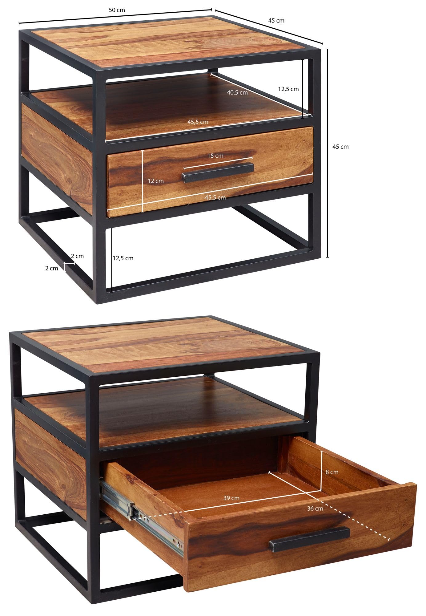 FineBuy Szafka Nocna 50x45x45 cm Lite Drewno Sheesham z Szufladą, Stal | konsola nocna industrialna ze stalowym stelażem i półką do łóżka kontynentalnego, szafka nocna ręcznie wykonana