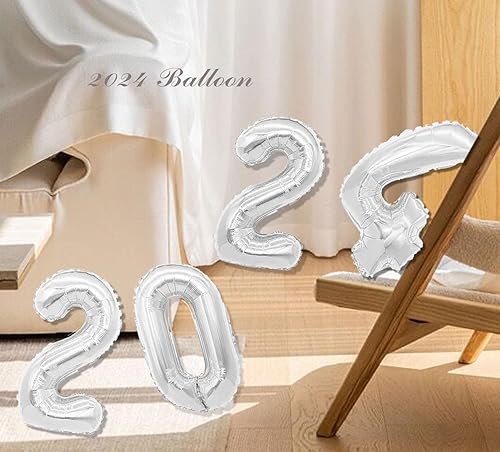 Miniatura 3 de Globos plateados de 16 pulgadas 2024 con números de aluminio 2024 para Año Nuevo, suministros de fiesta, decoraciones de graduación, color plateado